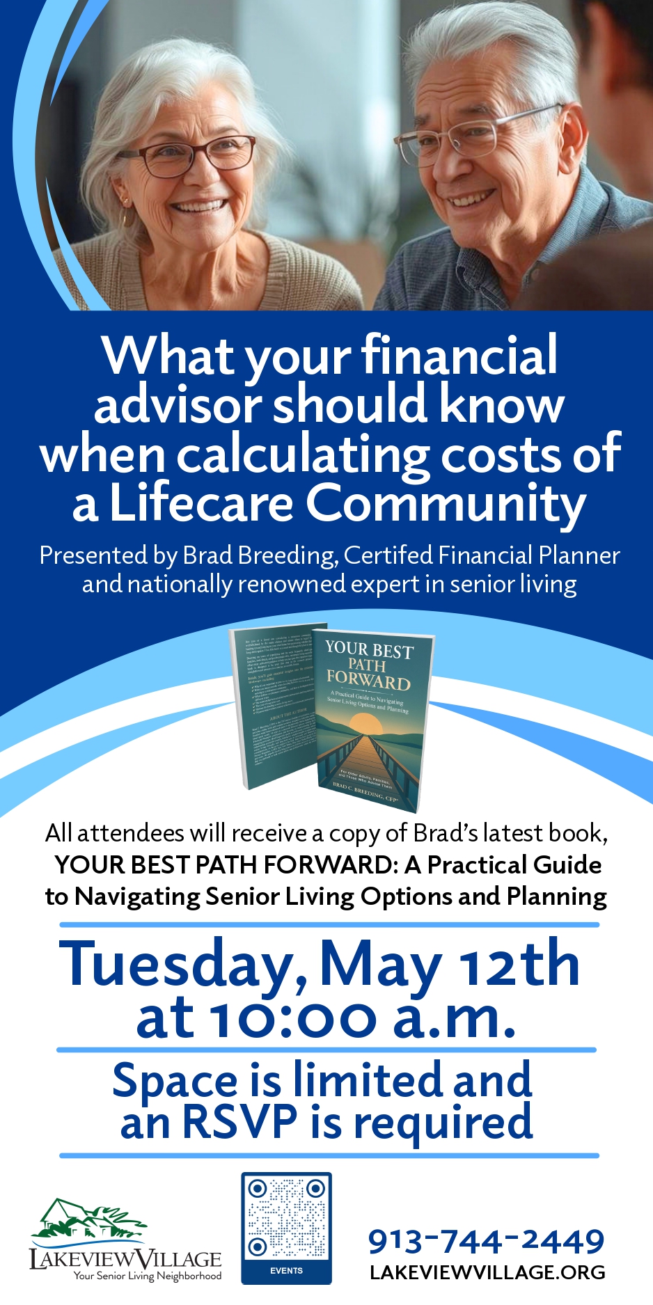 Flyer showing a smiling senior couple promoting a seminar by Brad Breeding about financial planning for Lifecare Communities, featuring his book Your Best Path Forward, with event details Tuesday May 12 at 10:00 a.m., RSVP required, and Lakeview Village contact information with a QR code.
